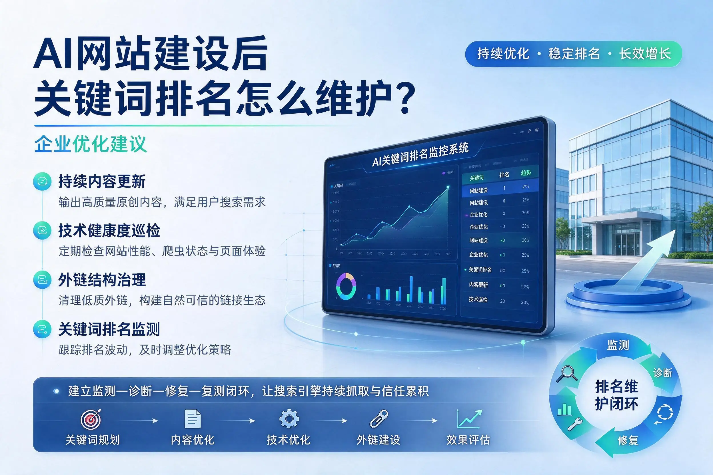 AI网站建设后关键词排名怎么维护？广元企业优化建议