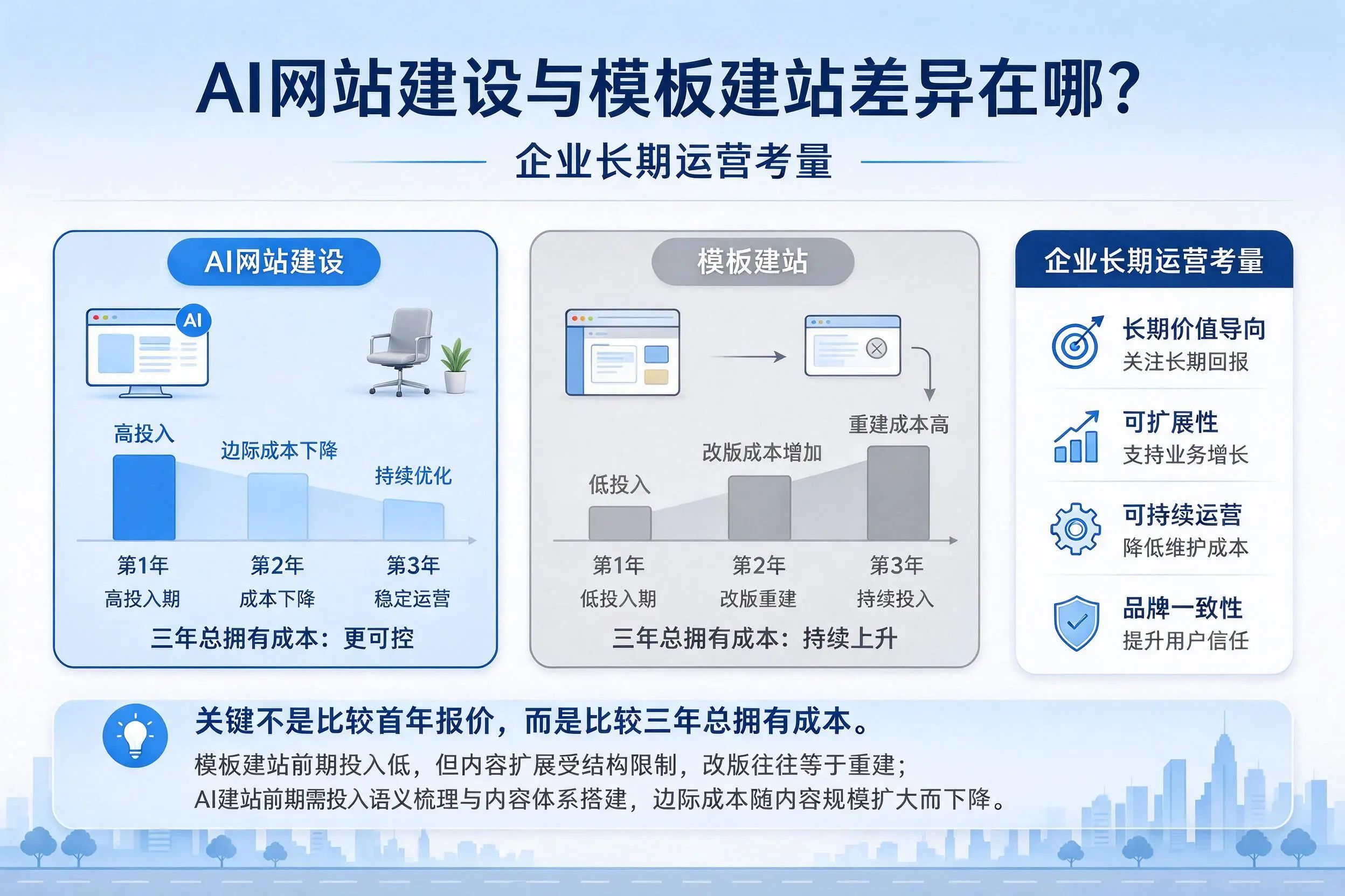 AI网站建设与模板建站差异在哪？广元企业长期运营考量