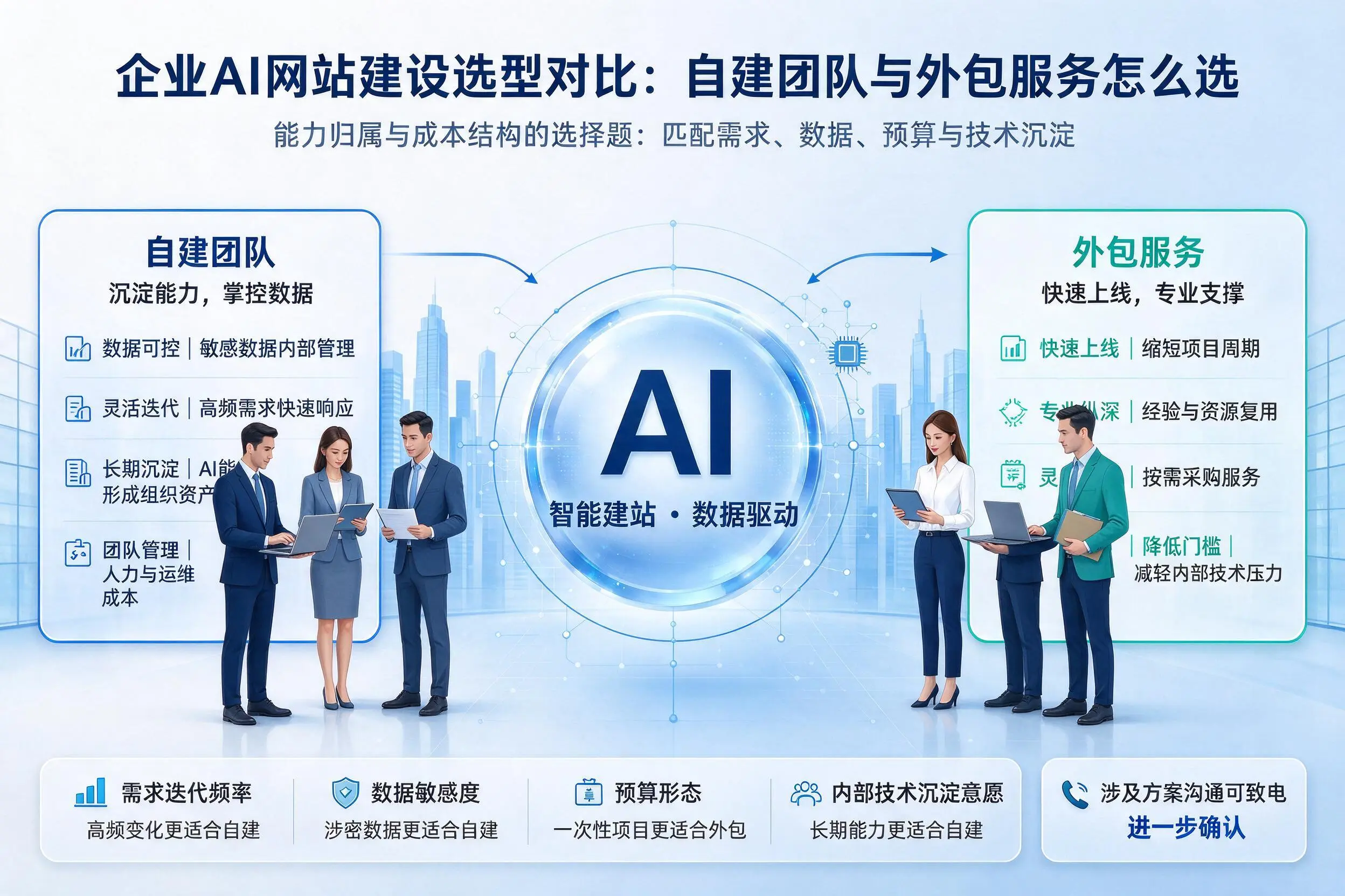 广元企业AI网站建设选型对比:自建团队与外包服务怎么选